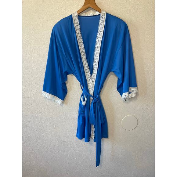 VTG Hand Made Blue Lace Trim 3 Piece Pajama Sleep Set Robe Shirt & Pants Small - Picture 10 of 12
